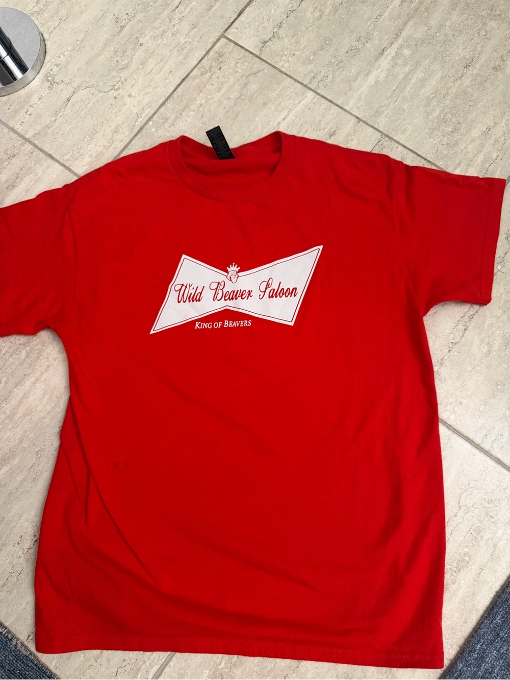 Gildan Red Graphic Tee with White Wild Beaver Saloon Logo